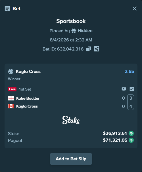 Bet slip: Katie Boulter - Kayla Cross, $26,940.52 stake at 2.65 odds, placed by Hidden