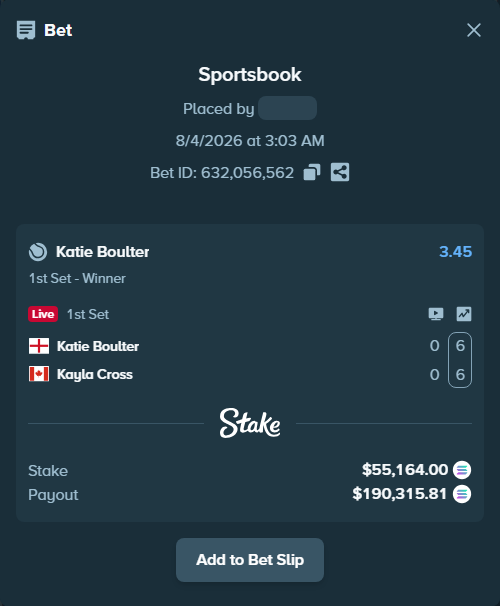 Bet slip: Katie Boulter - Kayla Cross, $54,519.25 stake at 3.45 odds, placed by Prettylfacko98