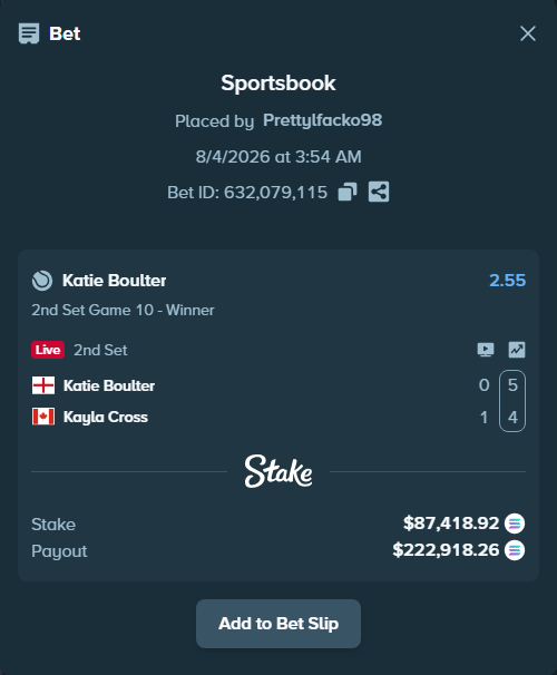 Bet slip: Katie Boulter - Kayla Cross, $85,952.48 stake at 2.55 odds, placed by Prettylfacko98