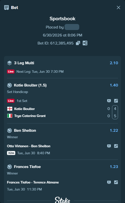 Bet slip: Katie Boulter - Trya Caterina Grant, $10,010.00 stake at 1.40 odds, placed by zhanjinkun
