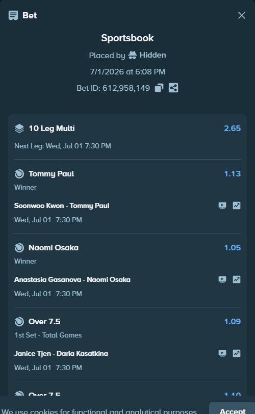 Bet slip: Katie Swan - Madison Keys, $75,075.00 stake at 1.08 odds, placed by Hidden