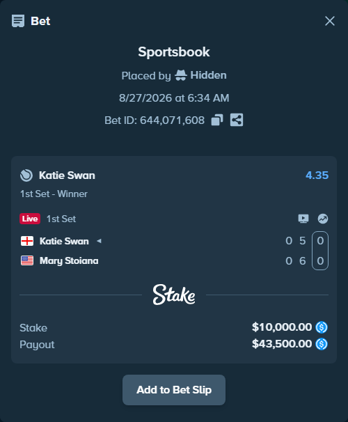 Bet slip: Katie Swan - Mary Stoiana, $10,000.00 stake at 4.35 odds, placed by Hidden