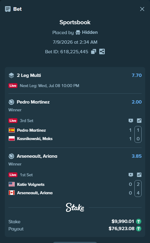 Bet slip: Katie Volynets - Arseneault, Ariana, $10,000.00 stake at 3.85 odds, placed by Hidden