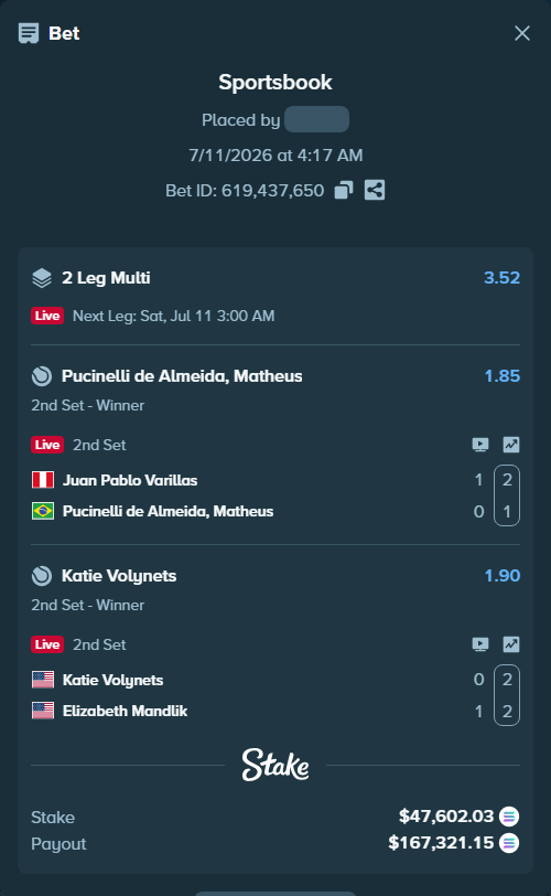 Bet slip: Katie Volynets - Elizabeth Mandlik, $44,555.01 stake at 1.90 odds, placed by Prettylfacko98