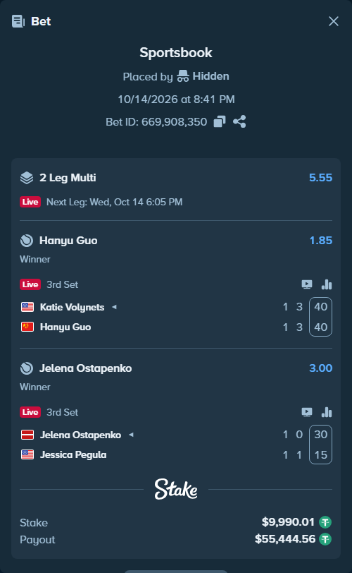 Bet slip: Katie Volynets - Hanyu Guo, $10,000.00 stake at 1.85 odds, placed by Hidden