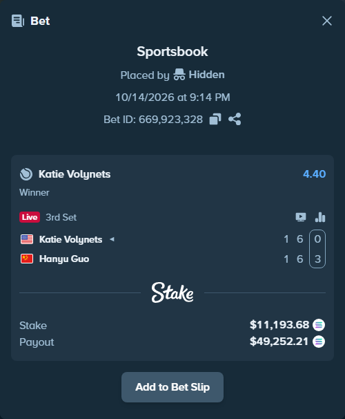 Bet slip: Katie Volynets - Hanyu Guo, $11,245.00 stake at 4.40 odds, placed by Prettylfacko98