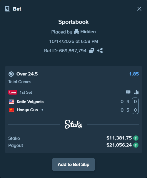 Bet slip: Katie Volynets - Hanyu Guo, $11,393.13 stake at 1.85 odds, placed by Hidden
