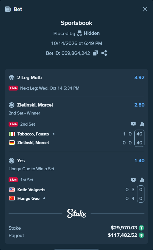 Bet slip: Katie Volynets - Hanyu Guo, $30,000.00 stake at 1.40 odds, placed by Hidden
