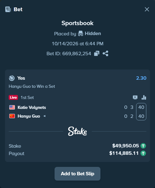 Bet slip: Katie Volynets - Hanyu Guo, $50,000.00 stake at 2.30 odds, placed by Hidden