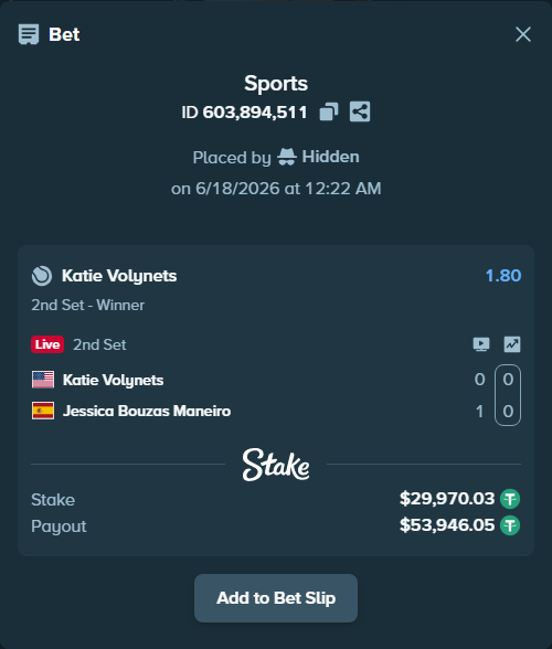 Bet slip: Katie Volynets - Jessica Bouzas Maneiro, $30,000.00 stake at 1.80 odds, placed by Hidden