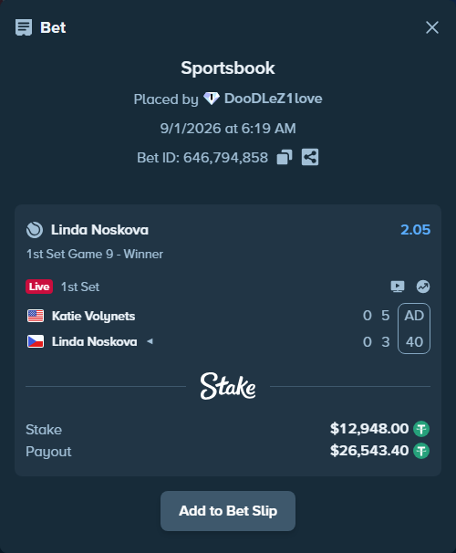 Bet slip: Katie Volynets - Linda Noskova, $12,948.00 stake at 2.05 odds, placed by DooDLeZ1love