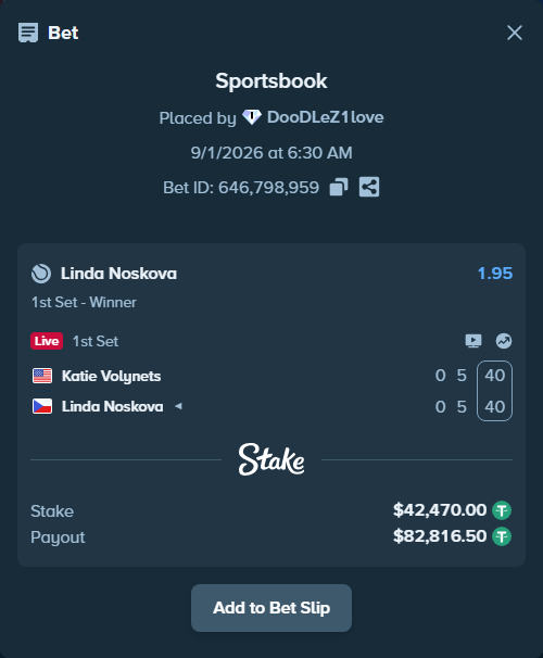 Bet slip: Katie Volynets - Linda Noskova, $42,470.00 stake at 1.95 odds, placed by DooDLeZ1love