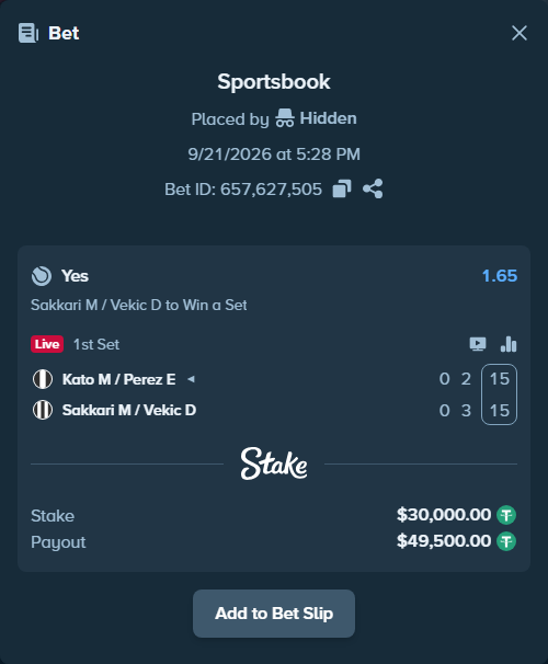 Bet slip: Kato M / Perez E - Sakkari M / Vekic D, $30,000.00 stake at 1.65 odds, placed by Hidden
