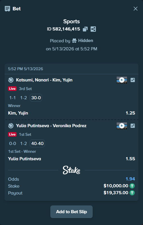 Bet slip: Katsumi, Nanari - Kim, Yujin, $10,000.00 stake at 1.25 odds, placed by Hidden