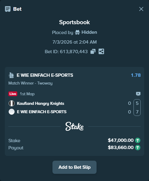 Bet slip: Kaufland Hangry Knights - E WIE EINFACH E-SPORTS, $47,047.00 stake at 1.78 odds, placed by Hidden