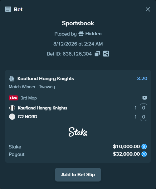 Bet slip: Kaufland Hangry Knights - G2 NORD, $10,000.00 stake at 3.20 odds, placed by Hidden