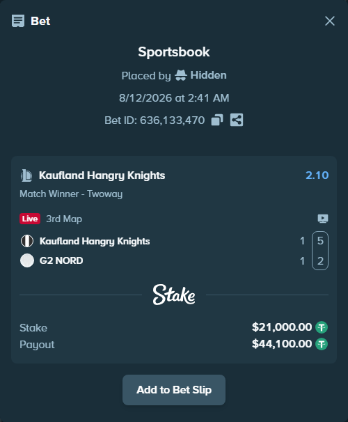 Bet slip: Kaufland Hangry Knights - G2 NORD, $21,021.00 stake at 2.10 odds, placed by Hidden