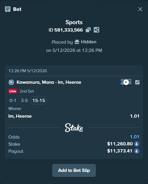 Bet slip: Kawamura, Mana - Im, Heerae, $8,631.30 stake at 1.01 odds, placed by Hidden