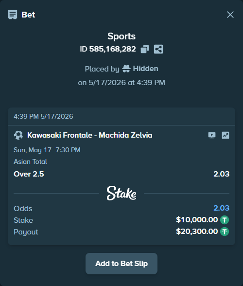 Bet slip: Kawasaki Frontale - Machida Zelvia, $10,000.00 stake at 2.03 odds, placed by Hidden