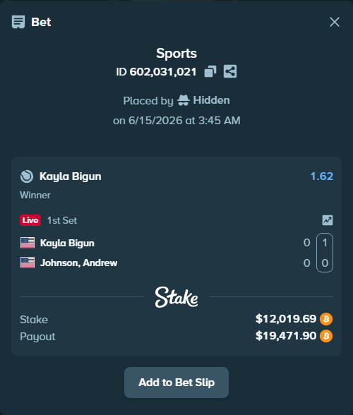 Bet slip: Kayla Bigun - Johnson, Andrew, $12,131.93 stake at 1.62 odds, placed by Hidden