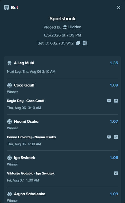 Bet slip: Kayla Day - Coco Gauff, $17,957.75 stake at 1.09 odds, placed by Hidden