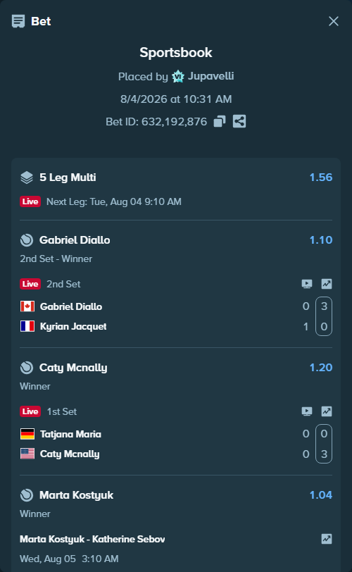 Bet slip: Kayla Day - Coco Gauff, $19,310.67 stake at 1.09 odds, placed by Jupavelli