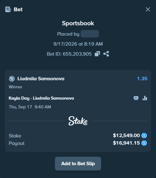 Bet slip: Kayla Day - Liudmila Samsonova, $12,549.00 stake at 1.35 odds, placed by Meda9375