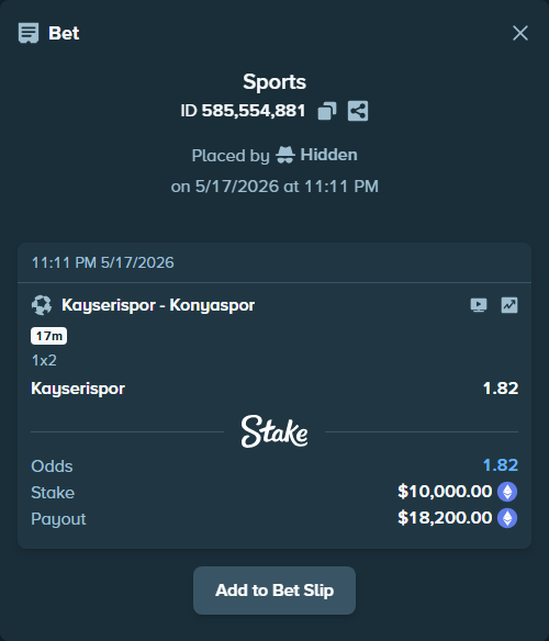Bet slip: Kayserispor - Konyaspor, $7,919.82 stake at 1.82 odds, placed by Hidden