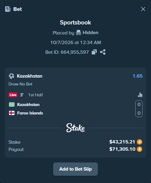 Bet slip: Kazakhstan - Faroe Islands, $42,798.50 stake at 1.65 odds, placed by Hidden
