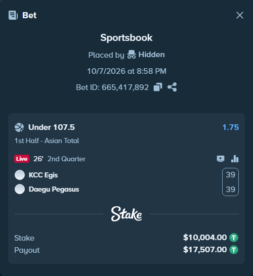 Bet slip: KCC Egis - Daegu Pegasus, $10,000.00 stake at 1.75 odds, placed by Rovangood