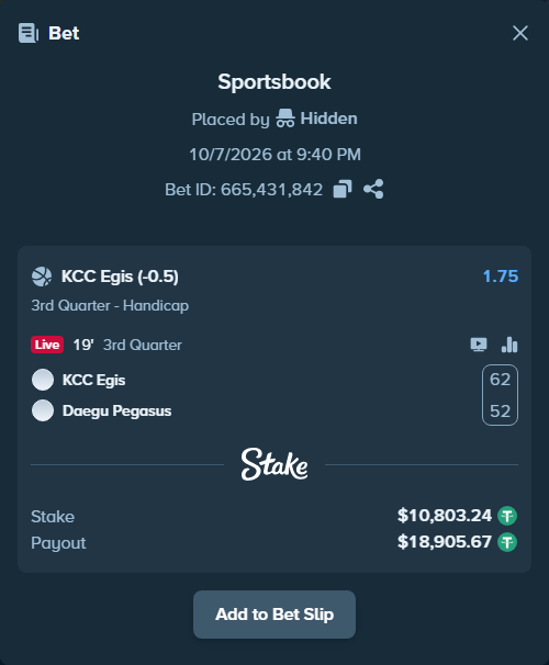 Bet slip: KCC Egis - Daegu Pegasus, $10,800.00 stake at 1.75 odds, placed by Rovangood