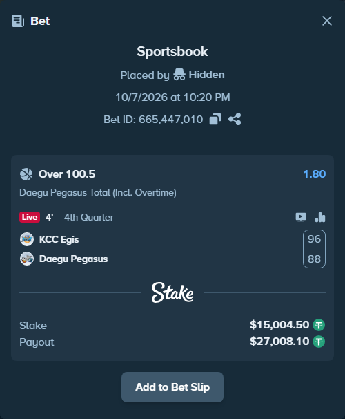 Bet slip: KCC Egis - Daegu Pegasus, $15,000.00 stake at 1.80 odds, placed by Rovangood