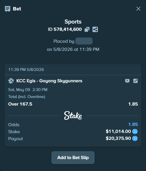 Bet slip: KCC Egis - Goyang Skygunners, $11,014.00 stake at 1.85 odds, placed by Jcalle19