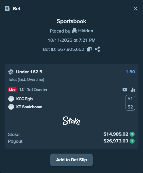 Bet slip: KCC Egis - KT Sonicboom, $15,000.00 stake at 1.80 odds, placed by Hidden