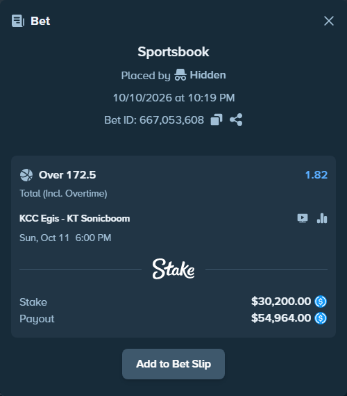 Bet slip: KCC Egis - KT Sonicboom, $30,200.00 stake at 1.82 odds, placed by Hidden