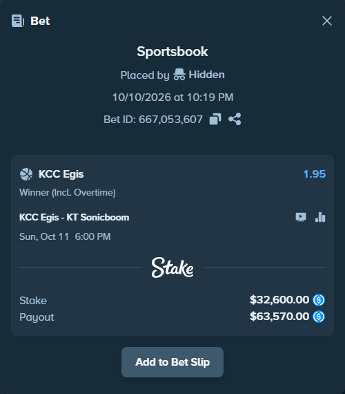Bet slip: KCC Egis - KT Sonicboom, $32,600.00 stake at 1.95 odds, placed by Hidden