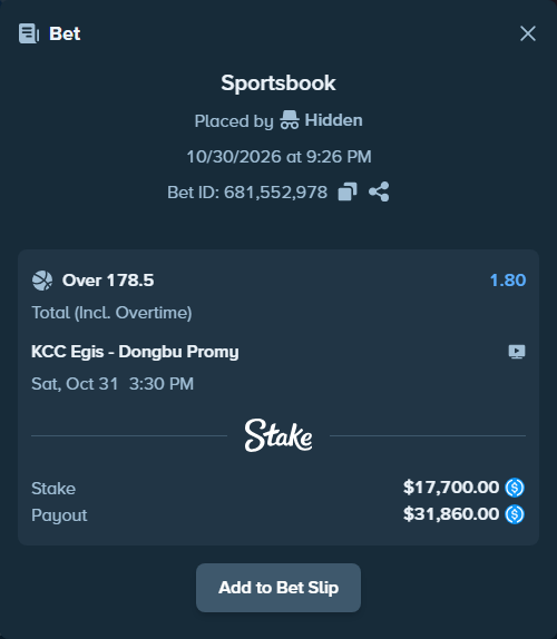 Bet slip: KCC Egis - Wonju DB New Generation, $17,700.00 stake at 1.80 odds, placed by Hidden