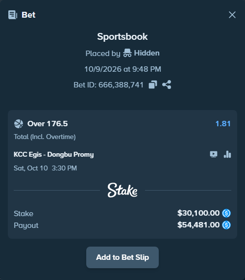 Bet slip: KCC Egis - Wonju DB New Generation, $30,100.00 stake at 1.81 odds, placed by Hidden