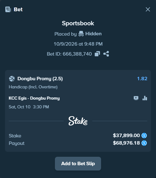 Bet slip: KCC Egis - Wonju DB New Generation, $37,899.00 stake at 1.82 odds, placed by Hidden