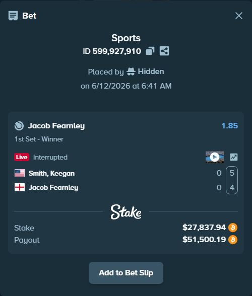 Bet slip: Keegan Smith - Jacob Fearnley, $28,241.15 stake at 1.85 odds, placed by Hidden