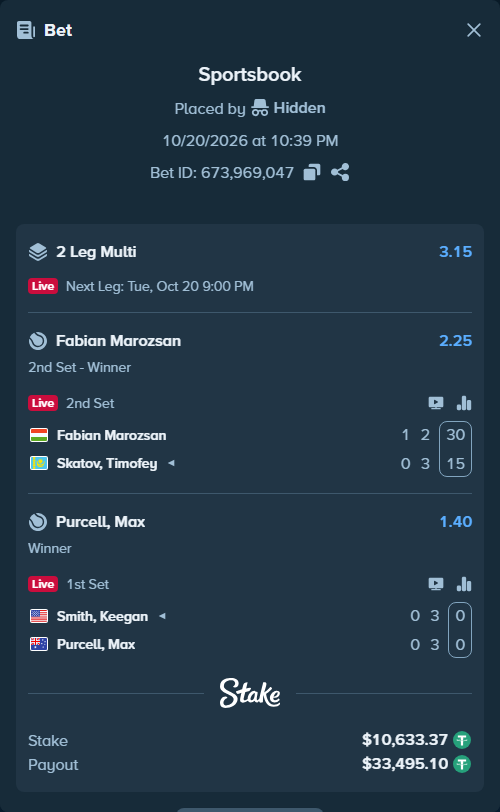 Bet slip: Keegan Smith - Purcell, Max, $10,644.00 stake at 1.40 odds, placed by Hidden