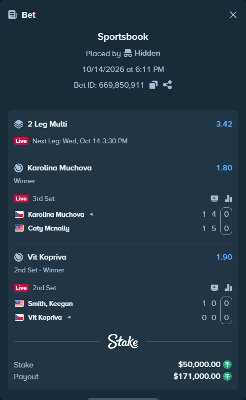 Bet slip: Keegan Smith - Vit Kopriva, $50,050.00 stake at 1.90 odds, placed by Hidden