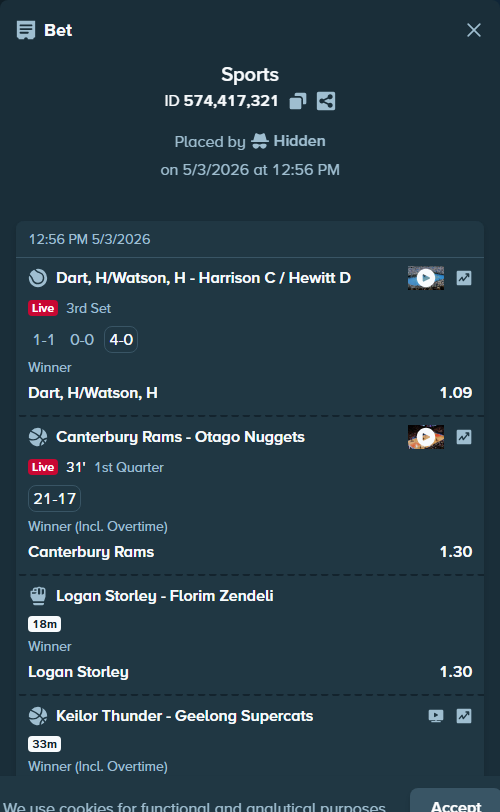 Bet slip: Keilor Thunder - Geelong United, $16,456.19 stake at 1.24 odds, placed by Hidden