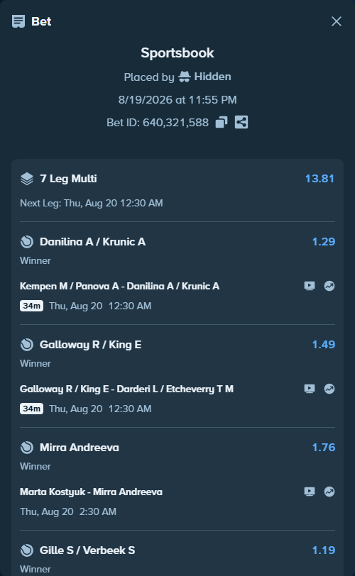 Bet slip: Kempen M / Panova A - Danilina A / Krunic A, $25,000.00 stake at 1.29 odds, placed by Hidden