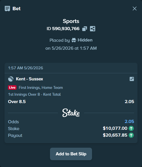 Bet slip: Kent - Sussex, $10,077.00 stake at 2.05 odds, placed by Hidden