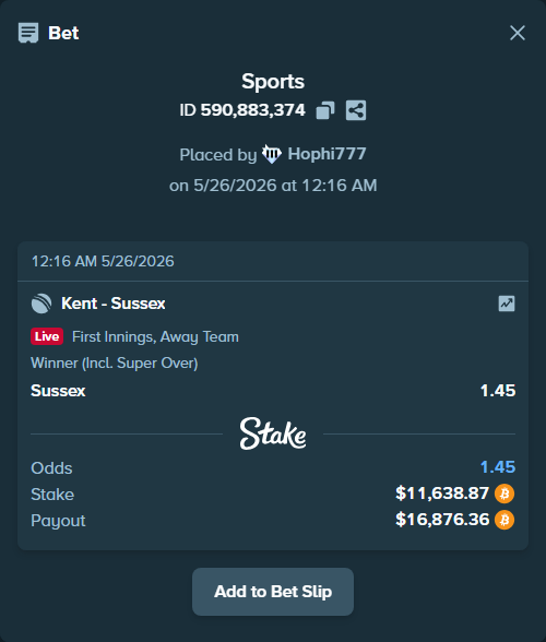 Bet slip: Kent - Sussex, $9,658.60 stake at 1.45 odds, placed by Hophi777