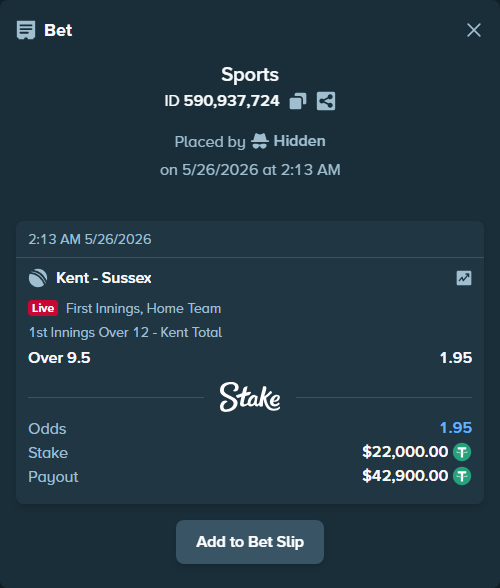 Bet slip: Kent - Sussex, $22,000.00 stake at 1.95 odds, placed by Hidden