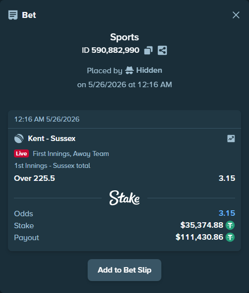 Bet slip: Kent - Sussex, $35,374.88 stake at 3.15 odds, placed by Hidden