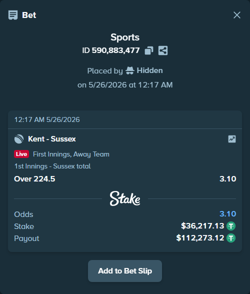 Bet slip: Kent - Sussex, $36,217.13 stake at 3.10 odds, placed by Hidden
