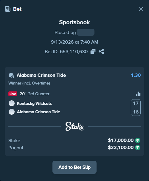 Bet slip: Kentucky Wildcats - Alabama Crimson Tide, $17,000.00 stake at 1.30 odds, placed by dc913